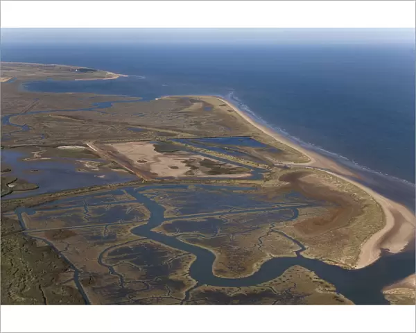 Aerial view of saltmarshes at Titchwell RSPB reserve, Norfolk, UK, September 2009