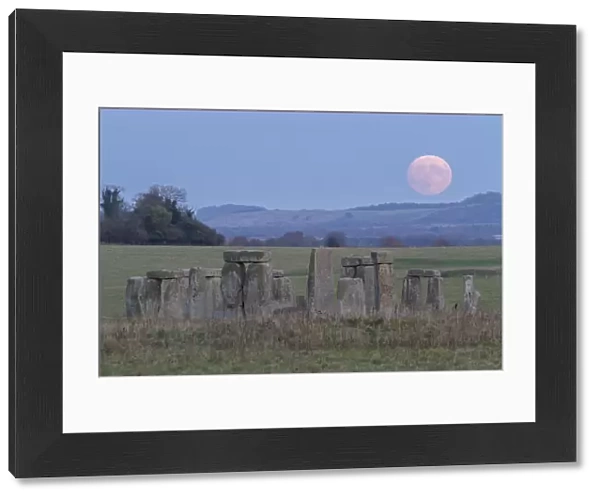 Supermoon rising over Stonehenge Wiltshire, the biggest Supermoon in 68 years