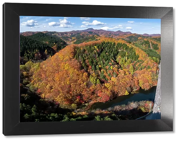 Aerial panorama of autumn foliage in southern Hokkaido, Japan