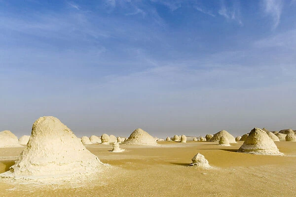 Chalk rock formations caused by sand storms, White desert in the Sahara, Egypt, February