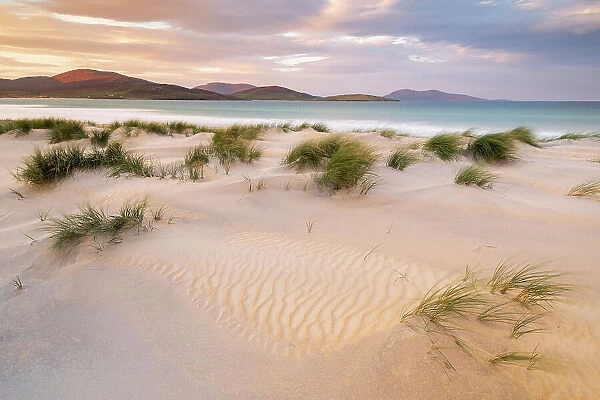 Luskentyre beach / sands, marram grasses and early morning sunlight, Isle of Harris, Outer Hebrides, Scotland, UK. October 2018