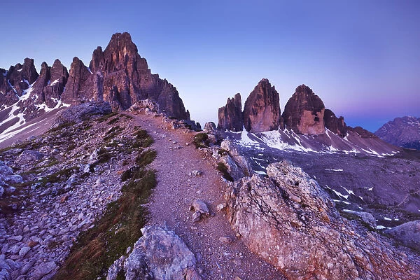 Paternkofel (left) and Tre Cime di Lavaredo mountains at dawn, Sexten Dolomites, South Tyrol