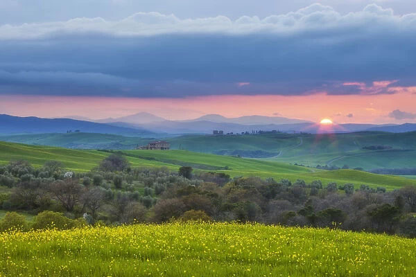 Sunset over Val D Orcia, Tuscany, Italy April 2010