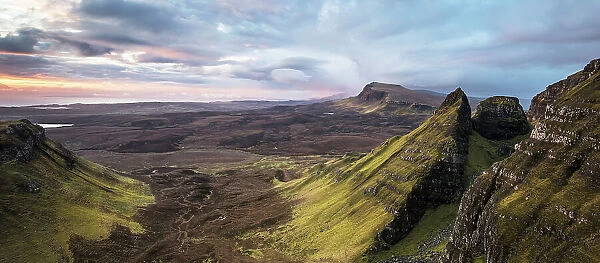 View along the Trotternish Ridge at dawn, Isle of Skye, Inner Hebrides, Scotland, UK, April 2016