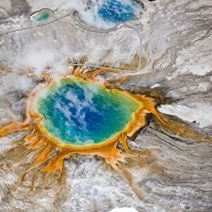 Aerial view of Grand Prismatic thermal spring in Yellowstone National Park, USA