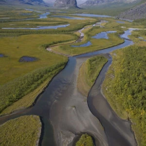 Aerial view over Laitaure delta in the Rapadalen valley with Skierffe and Nammatj mountains