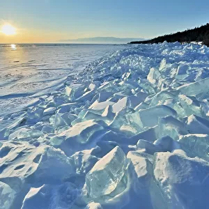 Ice pile of broken shelf ice, near the shore of Lake Baikal, Siberia, Russia, March