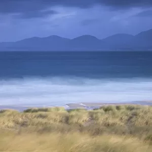 View across Sound of Taransay to North Harris hills in stormy weather, West Harris, Outer Hebrides, Scotland, UK, September 2014
