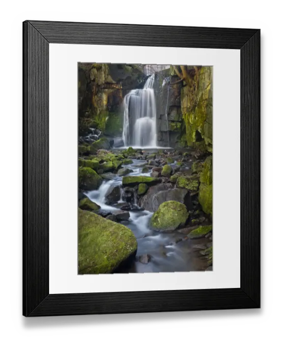 Framed Print : Waterfall tumbling over moss-covered boulders at Lumsdale, Derbyshire, UK, January 2012 Framed Print : Waterfall tumbling over moss-covered boulders at Lumsdale, Derbyshire, UK, January 2012