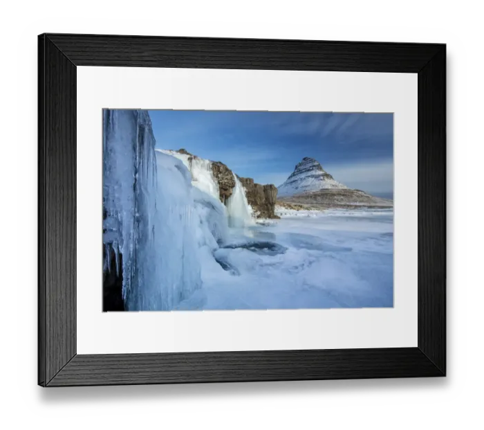 Framed Print : Snow covered Kirkjufell Mountain and frozen waterfalls, , Snaefellsness Peninsula Framed Print : Snow covered Kirkjufell Mountain and frozen waterfalls, , Snaefellsness Peninsula