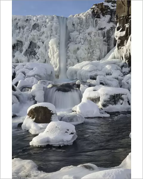 Oxararfoss waterfall in winter, Almannagja Fissure, Thingvellir southern Iceland