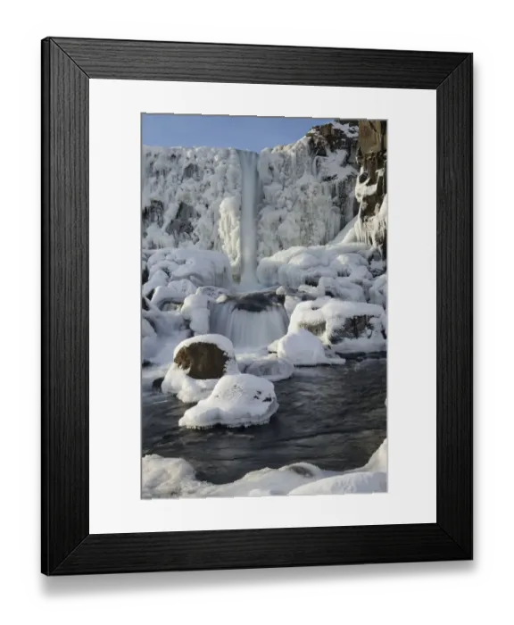 Framed Print : Oxararfoss waterfall in winter, Almannagja Fissure, Thingvellir southern Iceland Framed Print : Oxararfoss waterfall in winter, Almannagja Fissure, Thingvellir southern Iceland