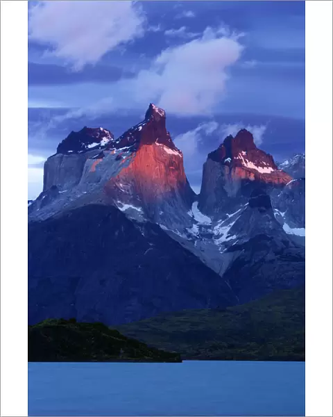 Cuernos del Paine at dawn seen from Pehoe lake, Torres del Paine National Park, Patagonia