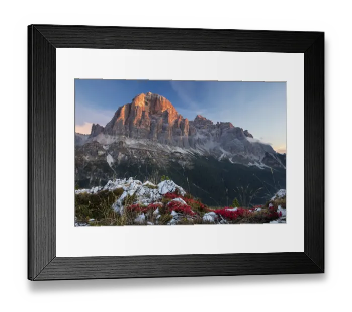 Framed Print : First light on Tofana de Rozes from Cinque Torri, Dolomite Mountains, Belluno Province Framed Print : First light on Tofana de Rozes from Cinque Torri, Dolomite Mountains, Belluno Province