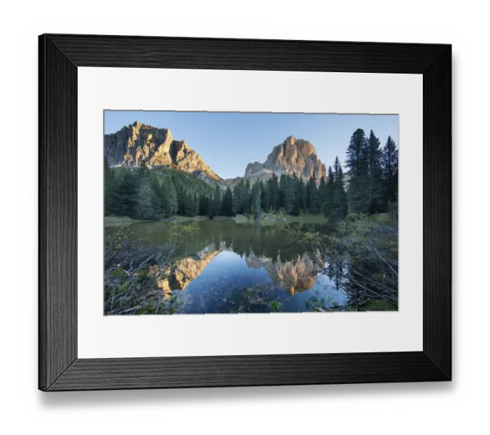 Framed Print : Lago Bain de Dones with Tofana de Rozes and Torri del Falzarego reflected, Dolomite Mountains Framed Print : Lago Bain de Dones with Tofana de Rozes and Torri del Falzarego reflected, Dolomite Mountains