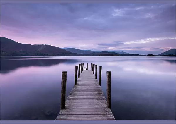 Ashness launch / jetty, Ashness, sunset, Derwent Water, The Lake District, Cumbria, UK. October 2016