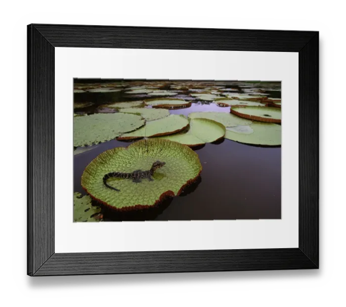 Framed Print : Black caiman {Caiman niger} juvenile on Royal water lily pad (Victoria amazonica) Iwokrama Reserve Framed Print : Black caiman {Caiman niger} juvenile on Royal water lily pad (Victoria amazonica) Iwokrama Reserve