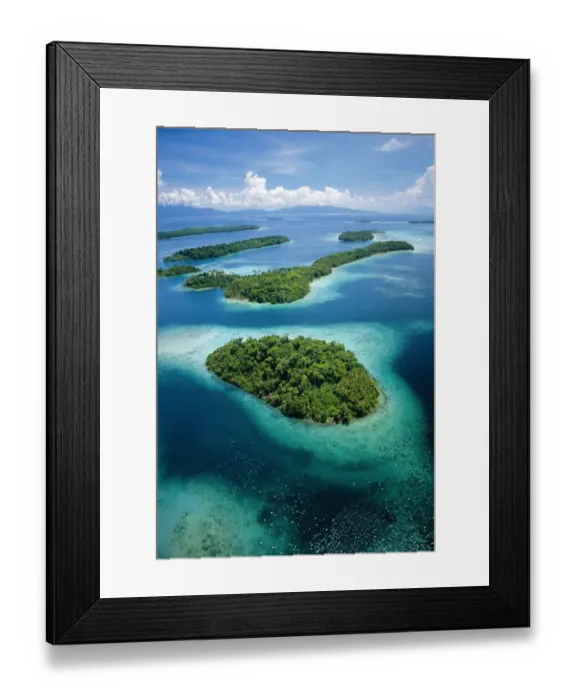 Framed Print : Aerial view of islands with fringing coral reefs, New Georgia, Solomon Islands, Pacific Framed Print : Aerial view of islands with fringing coral reefs, New Georgia, Solomon Islands, Pacific