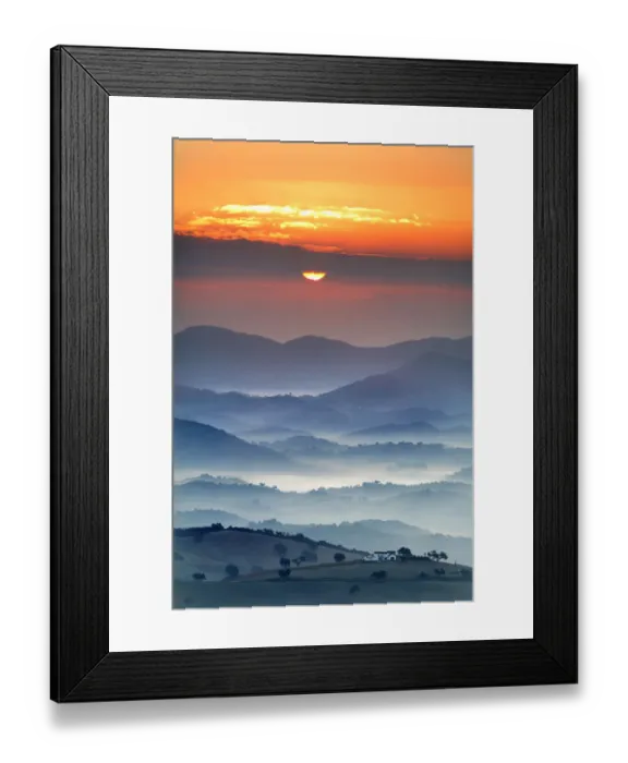 Framed Print : View of country house, fields and mountains with sun rising in the mist, Montellano Framed Print : View of country house, fields and mountains with sun rising in the mist, Montellano