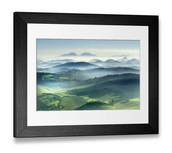 Framed Print : View of fields and mountains in the mist at dawn, Montellano, Seville, Spain