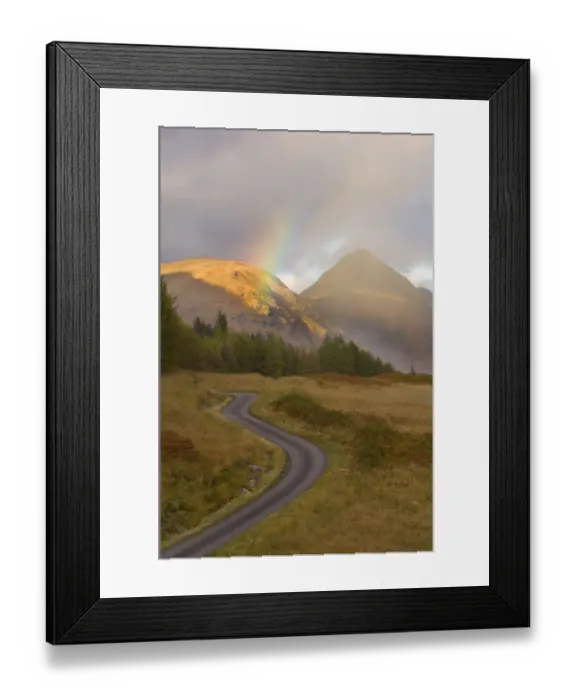Framed Print : Mountain road with rainbow in Glen Etive, Argyll, Scotland, UK, October 2007 Framed Print : Mountain road with rainbow in Glen Etive, Argyll, Scotland, UK, October 2007