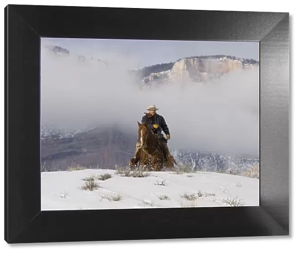 Cowboy riding over hill in snow, Sombrero Ranch, Craig, Colorado, USA Model released
