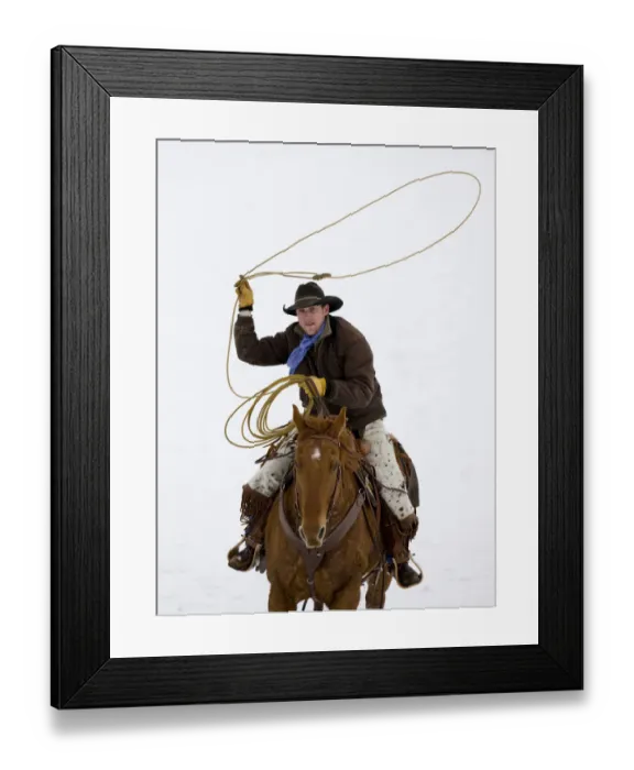 Framed Print : Cowboy riding in snow throwing a loop, Flitner Ranch, Shell, Wyoming, USA Model released