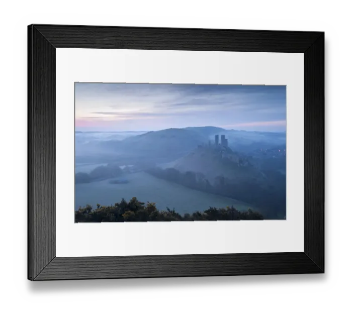 Framed Print : Corfe Castle, early morning mist and sunrise, Corfe, Dorset, England, UK. April 2010 Framed Print : Corfe Castle, early morning mist and sunrise, Corfe, Dorset, England, UK. April 2010