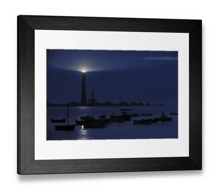 Framed Print : Fishing boats and lighthouse at night on the island Ile Vierge, Brittany, France Framed Print : Fishing boats and lighthouse at night on the island Ile Vierge, Brittany, France