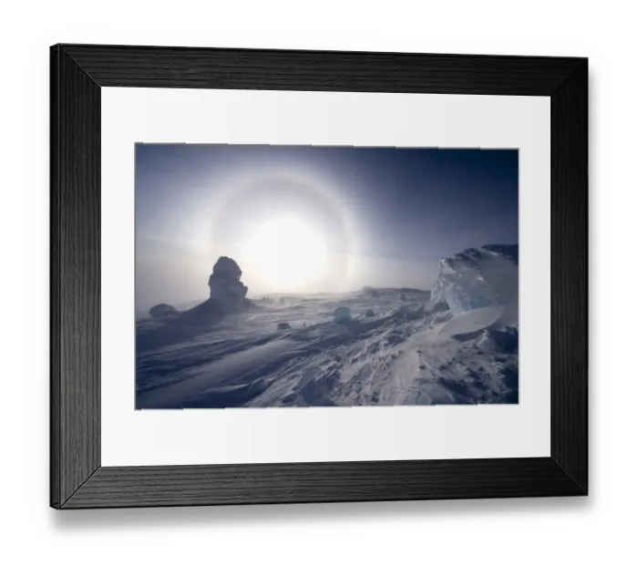 Framed Print : Sundog / Parhelion (circle of light around the sun) with large ice fumerole in the foreground Framed Print : Sundog / Parhelion (circle of light around the sun) with large ice fumerole in the foreground