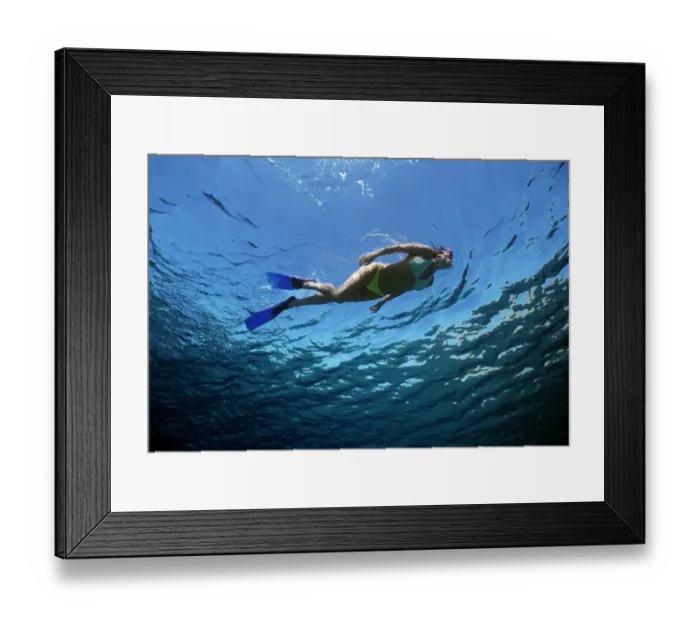Framed Print : Free diver exploring blue water beside coral reef, Sinai, Egypt, Red Sea Model released Framed Print : Free diver exploring blue water beside coral reef, Sinai, Egypt, Red Sea Model released