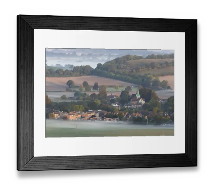 Framed Print : Dawn mist on the fields around the village of South Harting. South Downs, Sussex Framed Print : Dawn mist on the fields around the village of South Harting. South Downs, Sussex
