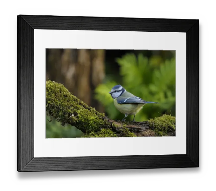 Framed Print : Blue Tit (Parus caeruleus) perched on mossy branch. Breton Marsh, French Atlantic Coast, November Framed Print : Blue Tit (Parus caeruleus) perched on mossy branch. Breton Marsh, French Atlantic Coast, November