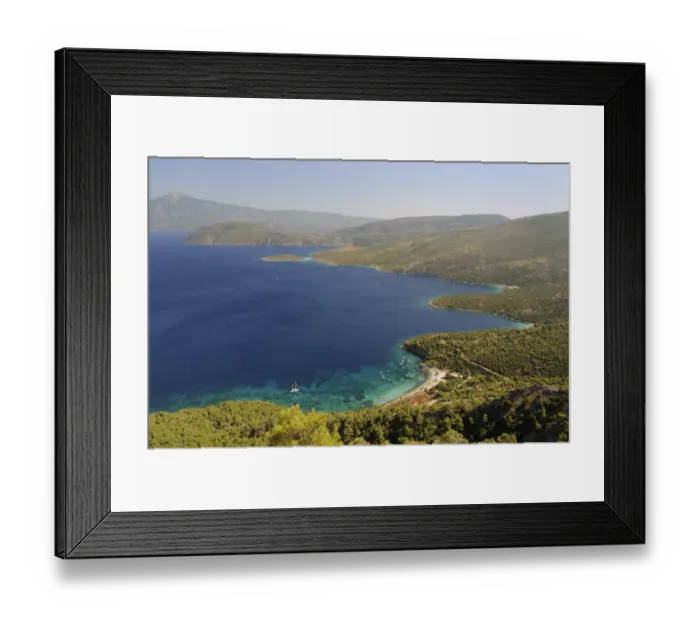 Framed Print : Mourtia beach and bay with the southeast tip of Samos and Mount Mycale in Turkey s Framed Print : Mourtia beach and bay with the southeast tip of Samos and Mount Mycale in Turkey s
