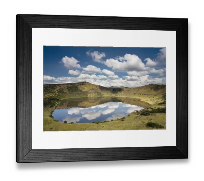 Framed Print : Crater lake with reflections of clouds in the water, Queen Elizabeth National Park