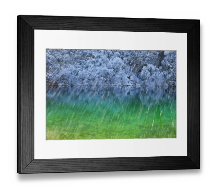 Framed Print : Colourful water with reflections in snow, Plitvice Lakes National Park, Lika, Croatia Framed Print : Colourful water with reflections in snow, Plitvice Lakes National Park, Lika, Croatia