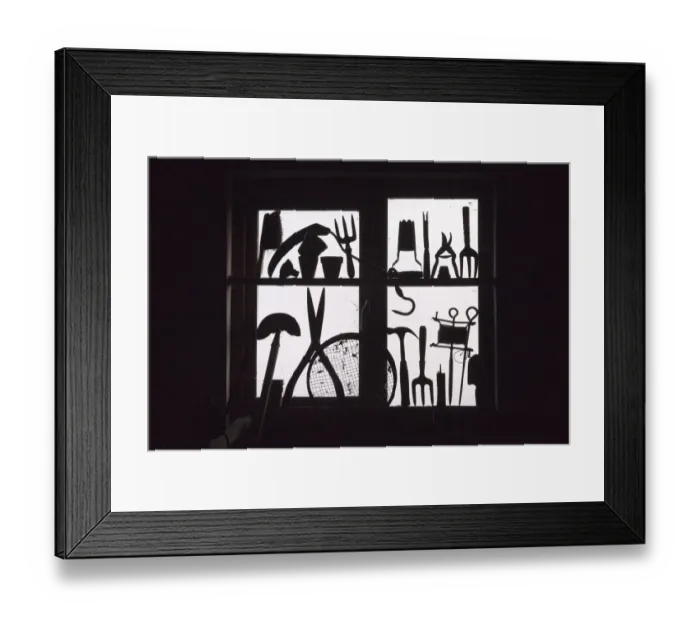 Framed Print : Garden tools silhouetted in potting shed window. September, UK Framed Print : Garden tools silhouetted in potting shed window. September, UK