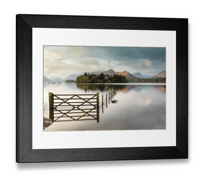 Framed Print : Derwent Water, fence, gate and flooding, looking to Catbells mountain, near Keswick, The Lake District, Cumbria, UK. October 2012 Framed Print : Derwent Water, fence, gate and flooding, looking to Catbells mountain, near Keswick, The Lake District, Cumbria, UK. October 2012