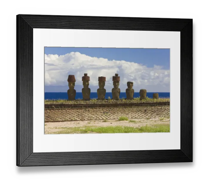 Framed Print : Anakena beach, monolithic giant stone Moai statues of Ahu Nau Nau, four of which have topknots Framed Print : Anakena beach, monolithic giant stone Moai statues of Ahu Nau Nau, four of which have topknots