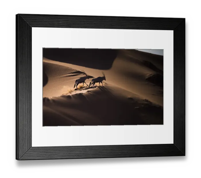 Framed Print : Aerial view of two Gemsbok (Oryx gazella) in sand dunes, Namib Desert, Namibia Framed Print : Aerial view of two Gemsbok (Oryx gazella) in sand dunes, Namib Desert, Namibia