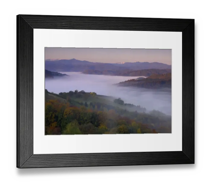 Framed Print : Rural landscape at dawn with low lying mist in valley, near Zarnesti, Transylvania Framed Print : Rural landscape at dawn with low lying mist in valley, near Zarnesti, Transylvania