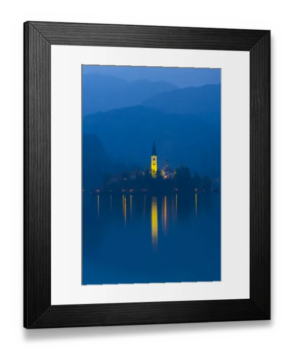 Framed Print : Assumption of Mary Pilgrimage Church, in twilight, reflected in Lake Bled, Bled, Slovenia Framed Print : Assumption of Mary Pilgrimage Church, in twilight, reflected in Lake Bled, Bled, Slovenia