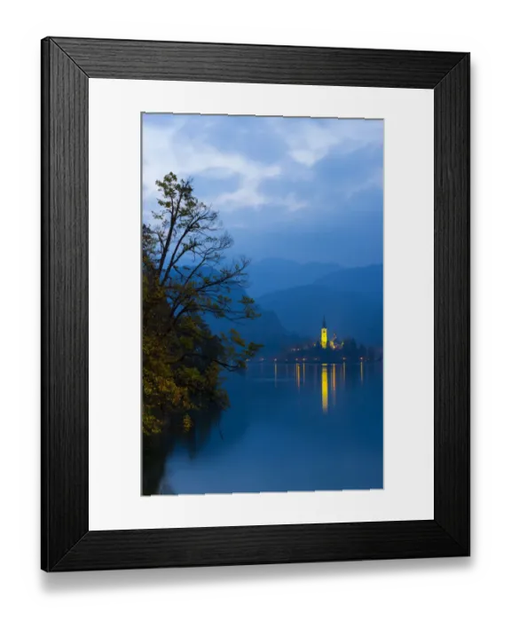 Framed Print : Assumption of Mary Pilgrimage Church, in twilight, reflected in Lake Bled, Bled, Slovenia Framed Print : Assumption of Mary Pilgrimage Church, in twilight, reflected in Lake Bled, Bled, Slovenia