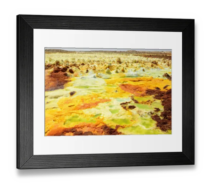 Framed Print : Dallol hot spring with salt concretions coloured by sulphur, potassium and iron, Dallol Volcano Framed Print : Dallol hot spring with salt concretions coloured by sulphur, potassium and iron, Dallol Volcano