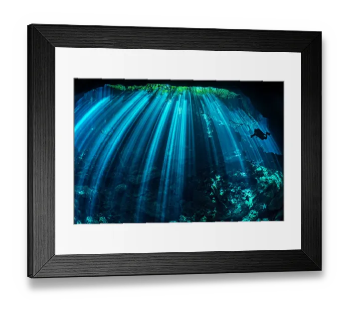 Framed Print : Diver exploring a freshwater cenote (or limestone sinkhole Framed Print : Diver exploring a freshwater cenote (or limestone sinkhole