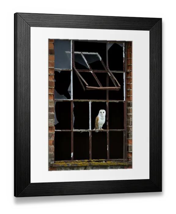Framed Print : Barn Owl (Tyto alba) perched in broken window frame. Wales, UK, March Framed Print : Barn Owl (Tyto alba) perched in broken window frame. Wales, UK, March