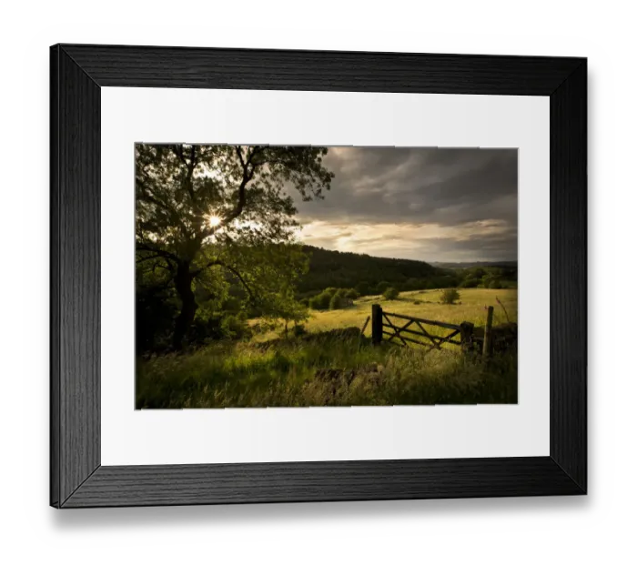 Framed Print : Gate into field of hay meadow in stormy light, Birchover, Peak District National Park Framed Print : Gate into field of hay meadow in stormy light, Birchover, Peak District National Park