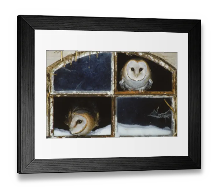 Framed Print : Barn owls looking out of a barn window Germany Framed Print : Barn owls looking out of a barn window Germany