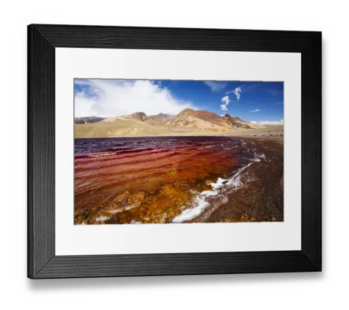 Framed Print : Laguna Miluni, contaminated with mine effluent and with a low level due to drought Framed Print : Laguna Miluni, contaminated with mine effluent and with a low level due to drought