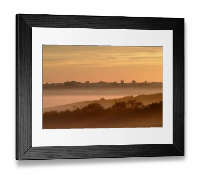 Framed Print : Early morning mist, looking toward Bradworthy village and church, Devon, UK Framed Print : Early morning mist, looking toward Bradworthy village and church, Devon, UK